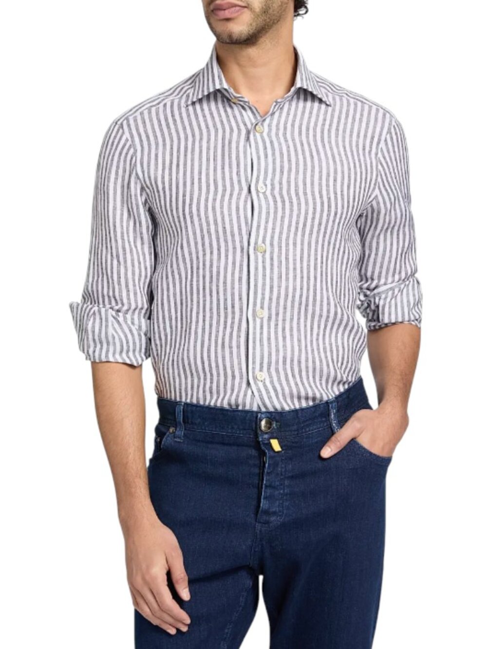 KITON Button Down Sport Dress Shirt Mens 40 Blue White Stripe Linen Long Sleeve